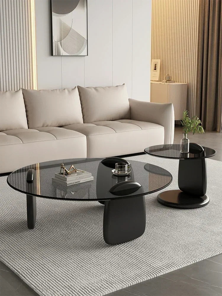 No-EN-Name-Null 2 PCS Modern Brown-Gray Thick High Tempered Glass Round Shaped Tops Solid Oak Rubberwood Three-Legged Design Coffee Table Sets/Easy To Clean/Colors-Gray Glass Tops/Brown Glass Tops