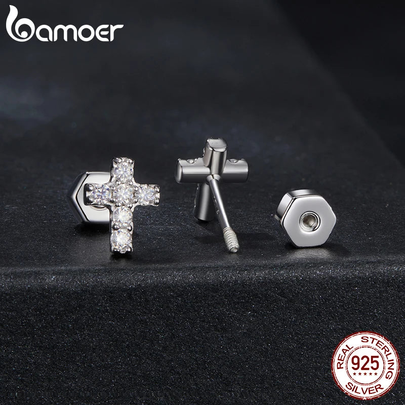 BAMOER Adult Women Fine Imitation Sterling Silver White Gold-Gold-Plated Clear White Shiny Diamond-Like Artificial Moissanite Stones Cross Pendant Push-Back Necklaces-Stud Earrings Jewelry Sets
