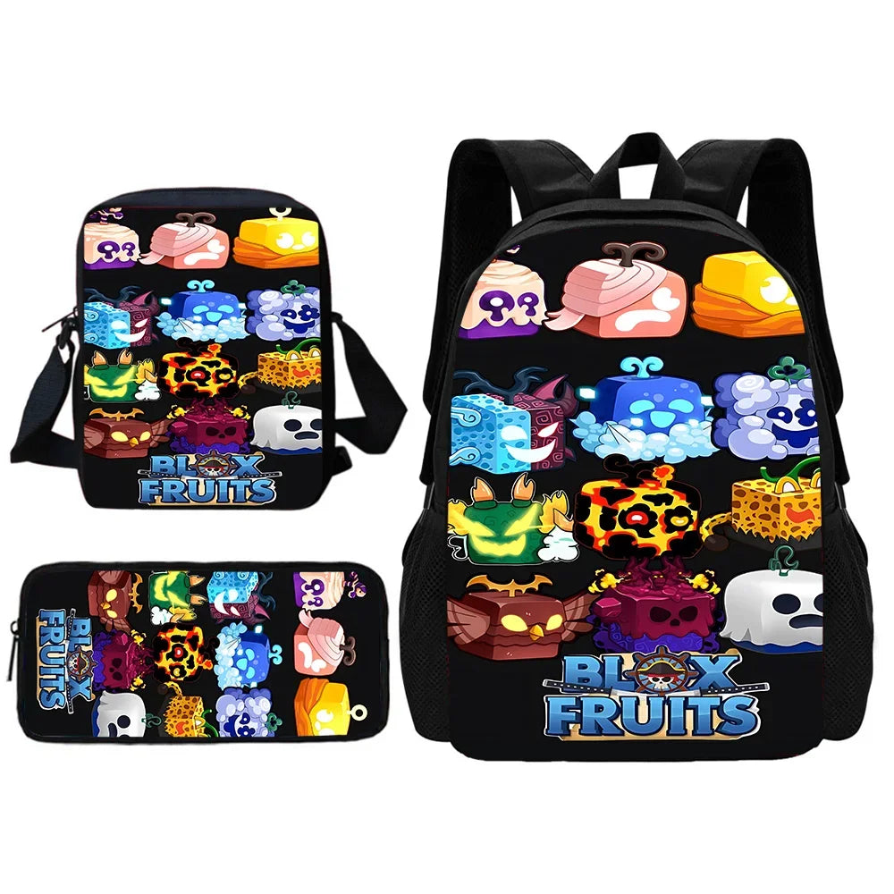 TOPTOY Kids Large Waterproof Multicolor Nylon Fabric Cartoon Smiling Fruit Critters Double Zippers Polyester Lining Shoulder Straps-Handle School Backpacks Sets/Pencil Bags/External Pockets/Colors-Multicolor/Black/Purple