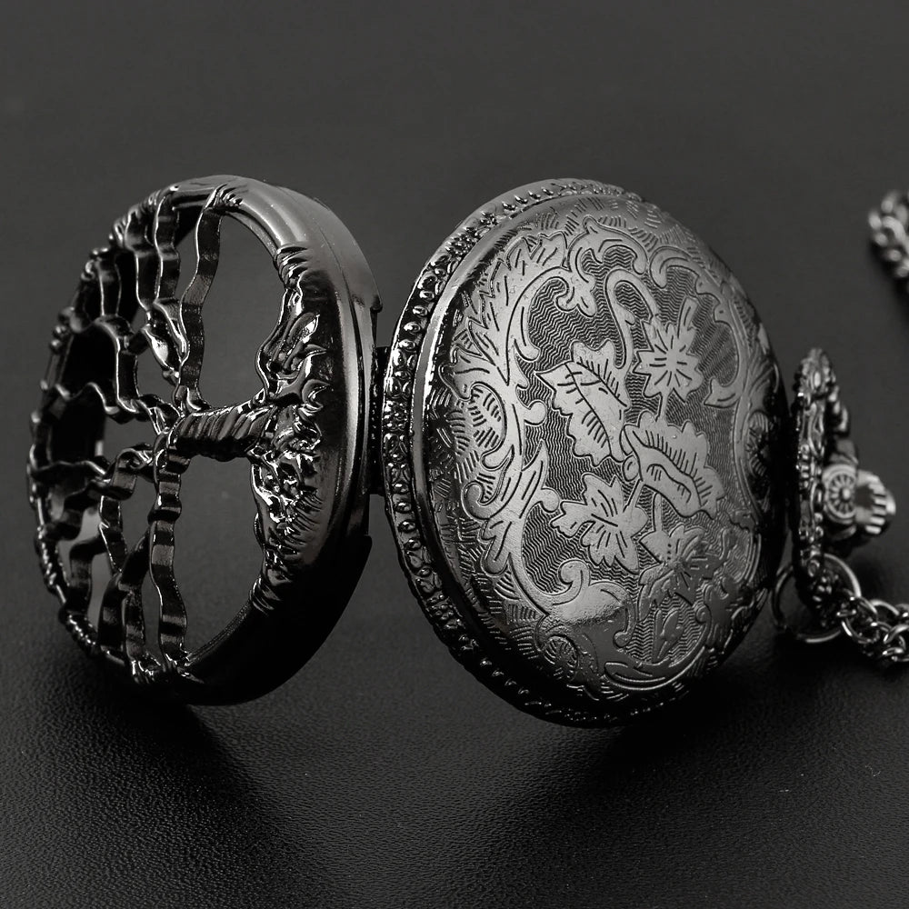 SHUHANG Unisex Adults Waterproof Vintage Antique Acrylic Face Black Round Shaped Quartz Movement Stainless Steel Metal Case Analog Display All Black Roman Numeral Hallow-Out Garden Of Eden Tree Of Life Sweater Necklace Chain-Pocket Watches