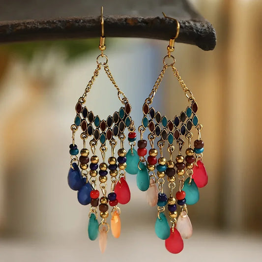 DAIPAN Adult Women Imitation Bohemian Multicolor Resin Beads Water Drop Tassel Gold-Plated Copper-Metal Alloy Earrings/Colors-Multicolor/Gold/Blue/Red/Black/Geometric