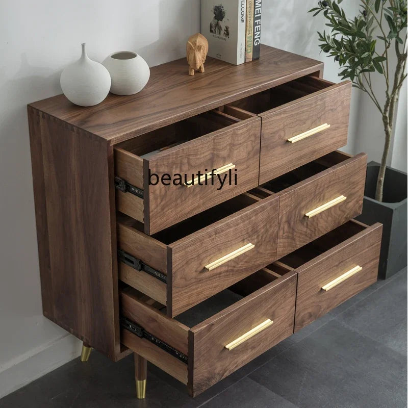 No-EN-Name-Null Free-Standing Brown Solid Walnut Wood Six Drawers Sideboard Storage Chests/ Black Walnut Copper Legs
