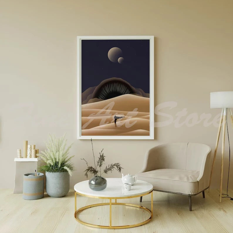 No-EN-Name-Null Modern Unframed Canvas Watercolor Retro Movie Scene Dune Desert Travel Rectangle Wall Prints/ Colors-Orange/ White/ Beige/ Blue/ Brown