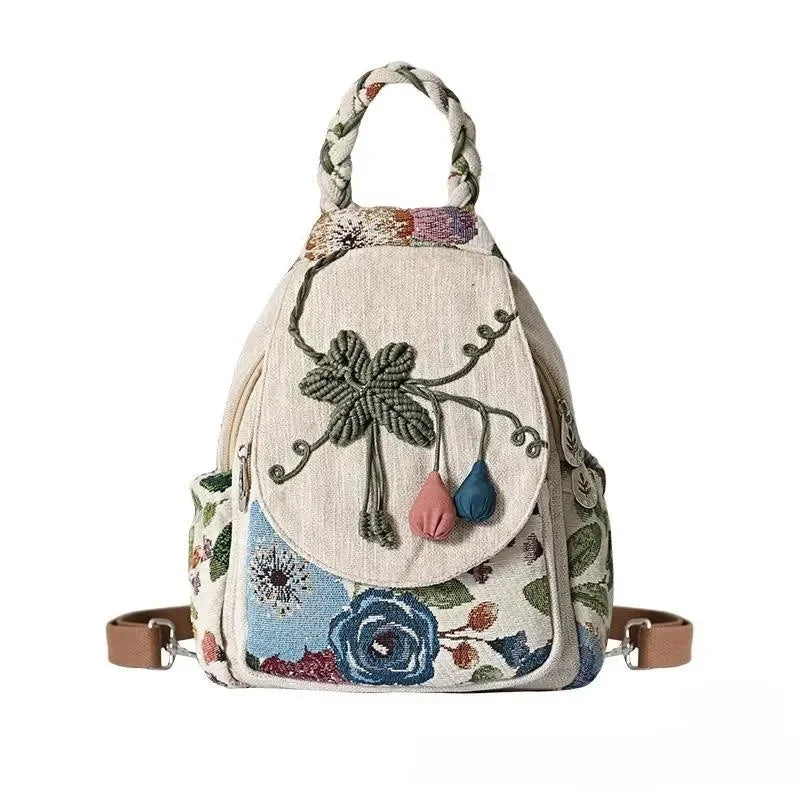 No-EN-Name-Null Women Waterproof Double Zippers Front External Pockets Multicolor Canvas Fabric Bohemian Floral Back Strays-Handle Built-In Single Compartment Lightweight Travel Backpacks/Colors-Beige/Multicolor/Floral