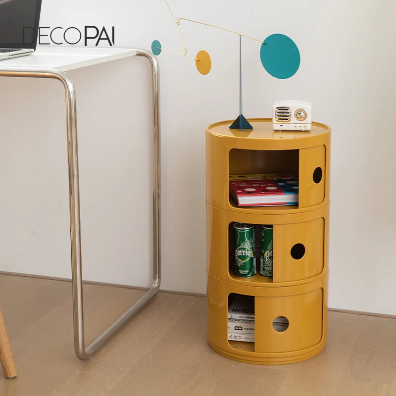 DECOPAI Modern Multicolor Waterproof Tall Plastic Round Shaped Small Narrow Three Sliding Drawers Nightstands /Multicolor