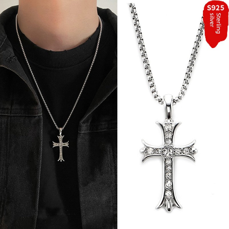 Men Fine Imitation Sterling Silver Clear White Shiny Diamond-Like Stones Cross Pendant Necklaces