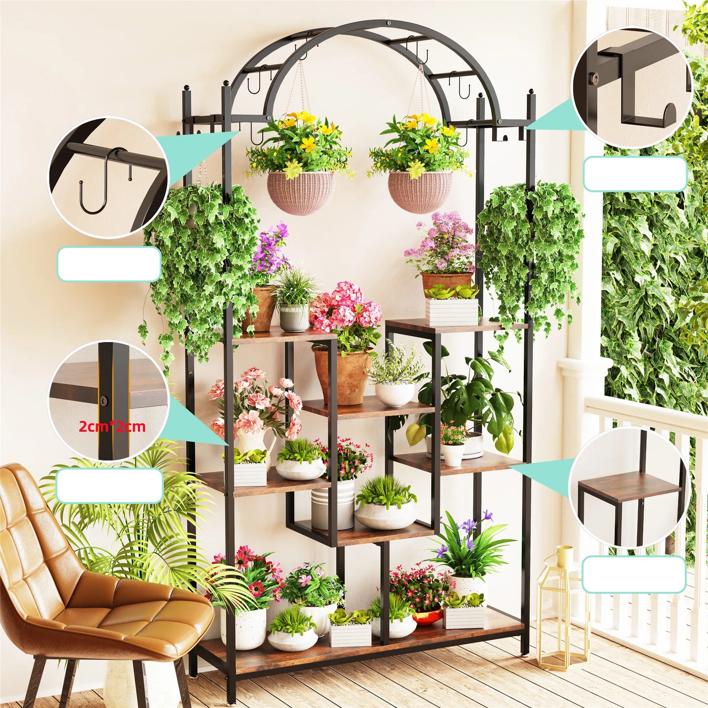 BINGOPAW 5-Tier Indoor Arched Heavy Duty Iron Metal Plant Stands / Pine Chipboard Shelves/Hanging Hooks