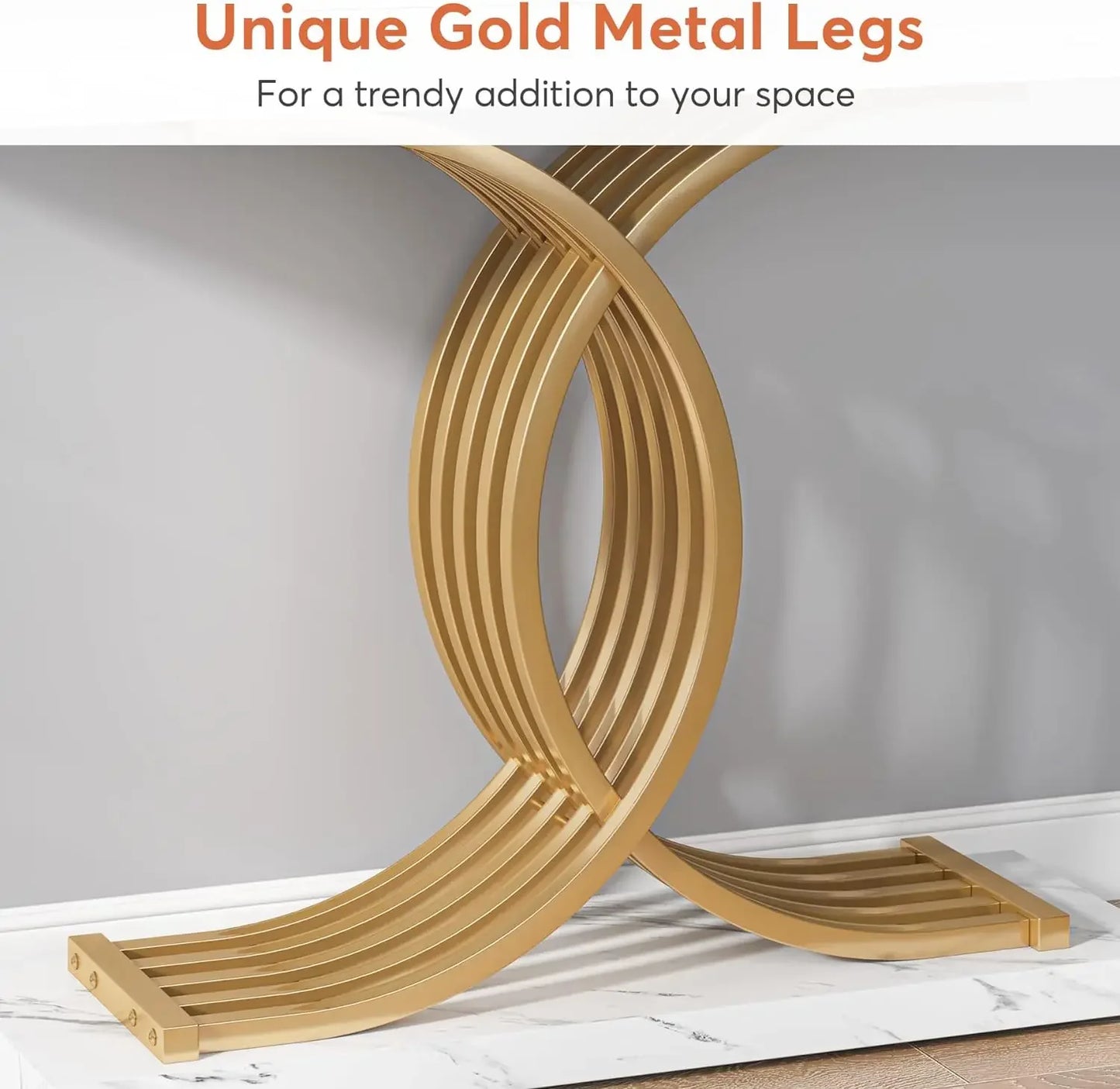 TRIBESIGNS Modern Entryway White Faux Marble Rectangle Shaped Wood Top-Bottom Rectangle Strong Sturdy Wood Base Geometric Gold Metal Frame Narrow Console Tables/Colors-White/Black/Chocolate/Dark Gray