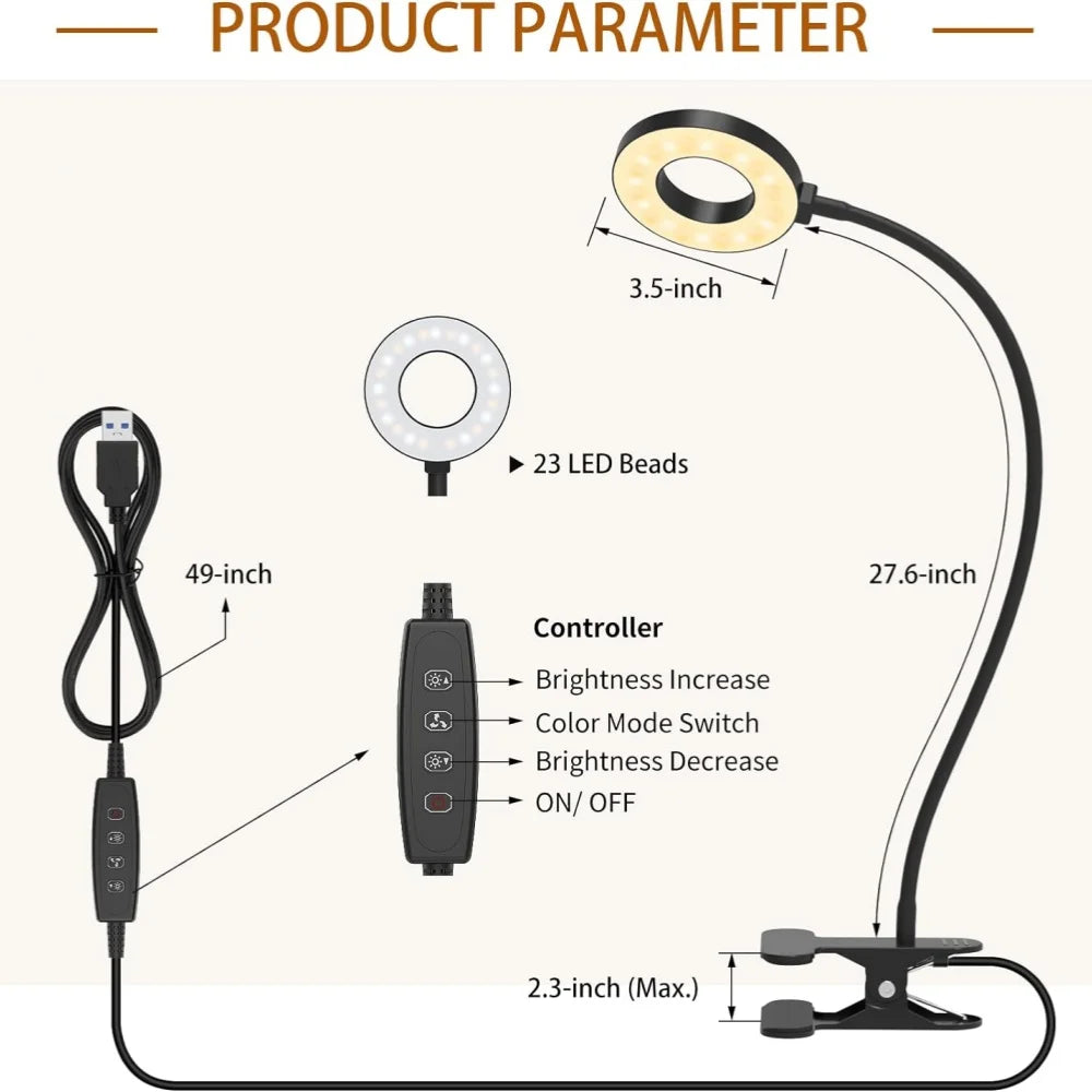 OSITE SKY Anti-Blue Portable Sturdy Clamp-On Cool-Warm White-Daylight LED 3 Colors Modes Flexible Gooseneck White-Black Ring Light Controller Dimming 10 Brightness Level USB-Powered Eye-Protection Reading Desk Lamps