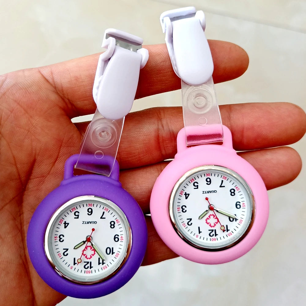 No-EN-Name-Null Adults Waterproof Quartz Analog Display Nurse-Doctors Glass Face Round Metal Alloy Case Red Silicone-Rubber Covered-Straps Arabic Numeral Clip-On Fob Pocket Watches /Colors-Pink/Red/White/Black/Purple/Light Blue/Blue