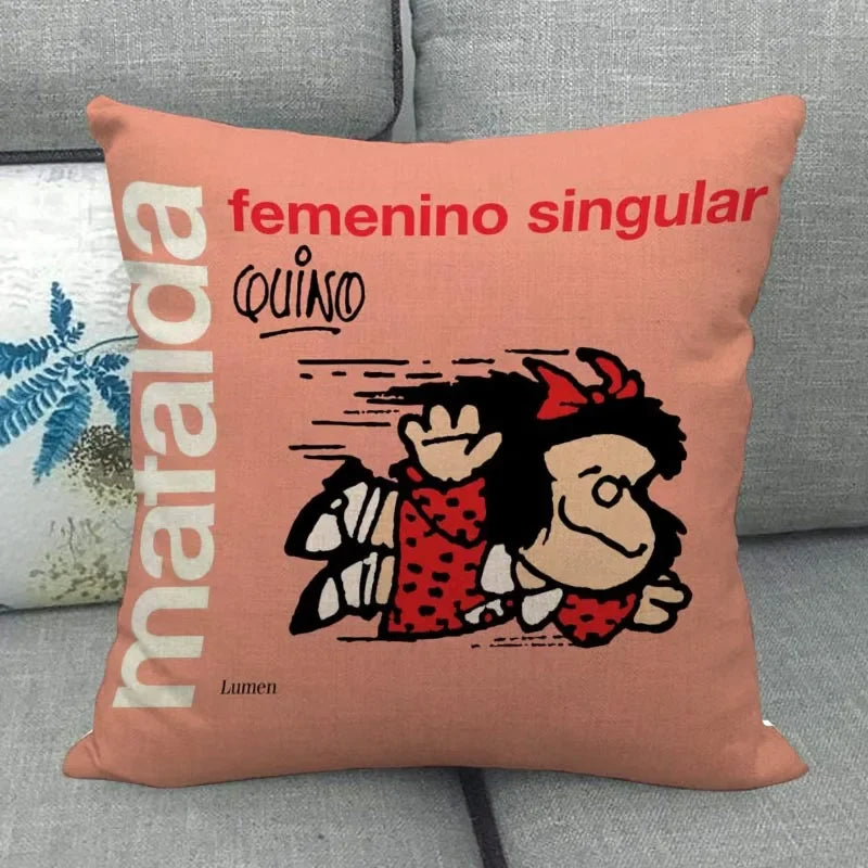 No-EN-Name-Null Customized Multicolor Square Machine Washable Soft Linen-Cotton Fabric Printed Mafalda Pillowcases/ Sizes: 45X45(One Sided)/Colors-Red/Purple/Beige/White/Pink/Blue/Black/Floral/Multicolor