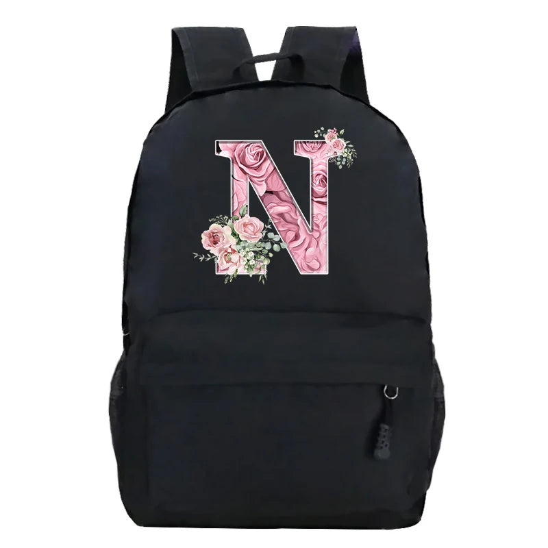 No-EN-Name-Null Waterproof Large Black Softback Nylon Fabric Printed Floral Pink Rose First Name Initial Letter Curved Back Zipper Canvas Lining Built-In Laptop Compartment Shoulder Straps-Handle Zippered External Pockets School Backpacks