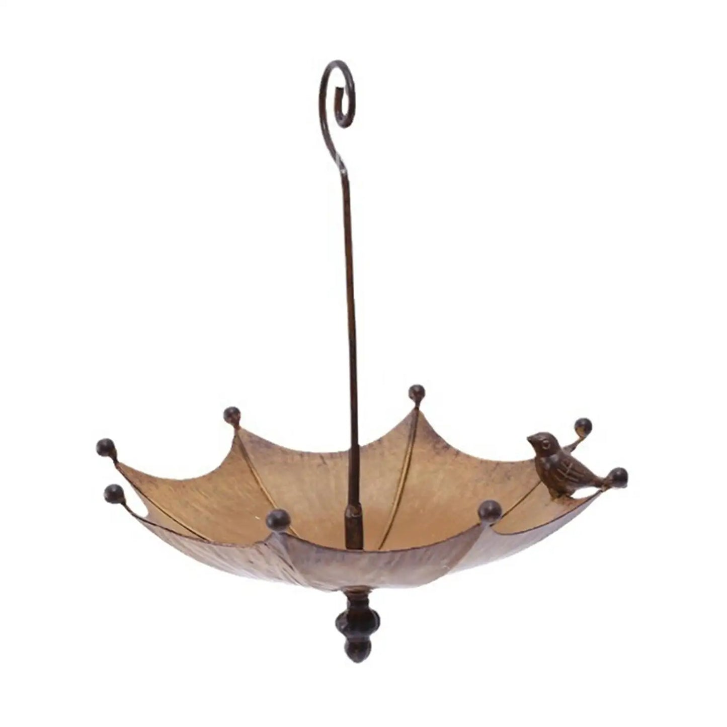 KESOTO Outdoor Garden Iron Metal Antique Style Rusty Brown-Bronze One Bird On Upside Down Umbrella Shaped Hanging Bird Baths/