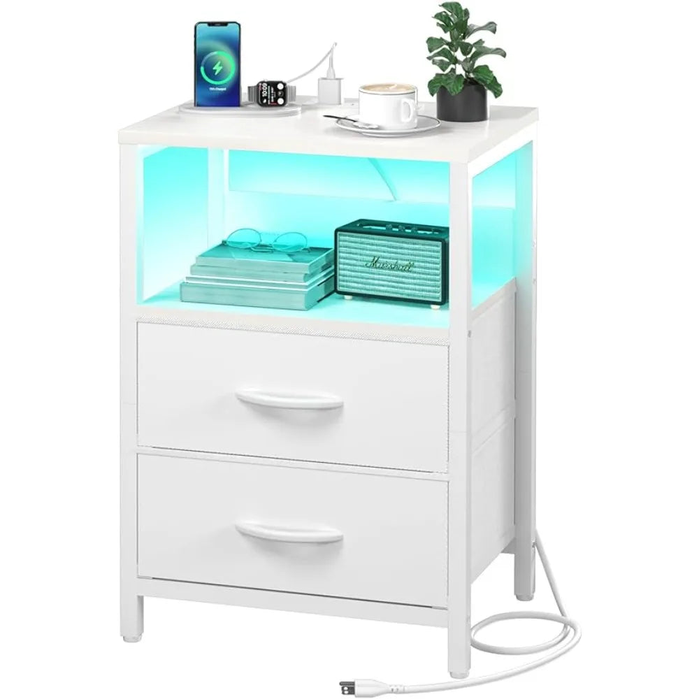 MATE BIRDS White Small Open Shelf LED Lighted Charging Station Two Fabric Drawers Side Nightstands/ 2 USB Ports/2 AC Outlets/Dimension: 15.7"L × 11.8"W × 23.6"H/Holds Up To 100lbs