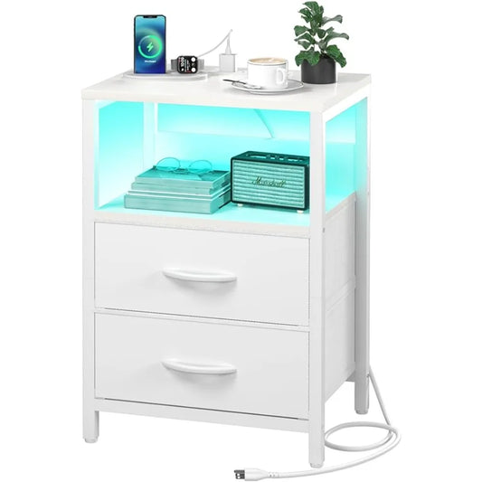 MATE BIRDS White Small Open Shelf LED Lighted Charging Station Two Fabric Drawers Side Nightstands/ 2 USB Ports/2 AC Outlets/Dimension: 15.7"L × 11.8"W × 23.6"H/Holds Up To 100lbs