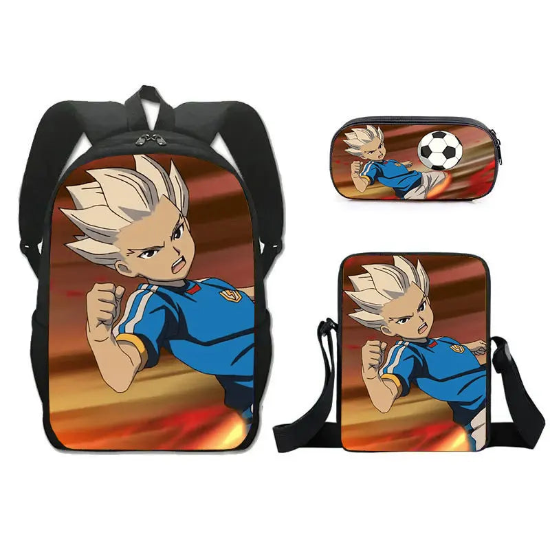 FANTASY VALLEY Women 3 PCS Softback Anime Inazuma Eleven Zippers Waterproof Multicolor Oxford Nylon School Backpacks Sets/ Colors-Black/Blue/Multicolor