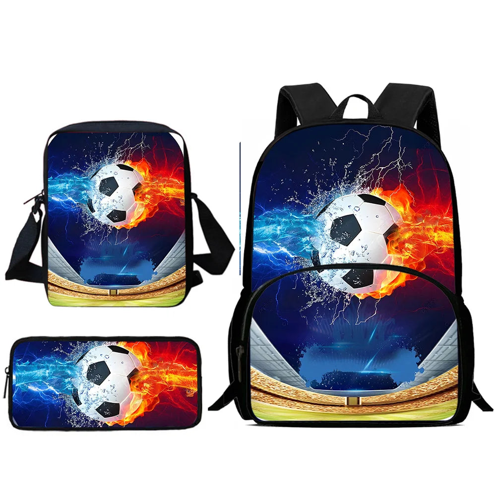 MINISO Kids 3 PCS Large Waterproof Nylon Fabric Zippers Exterior Pockets Printed-Burning Flames Soccer Ball Design Curved Back Shoulder Straps-Handle Sports IPAD Compartment School Backpacks/Color-Black/White/Blue/Multicolor