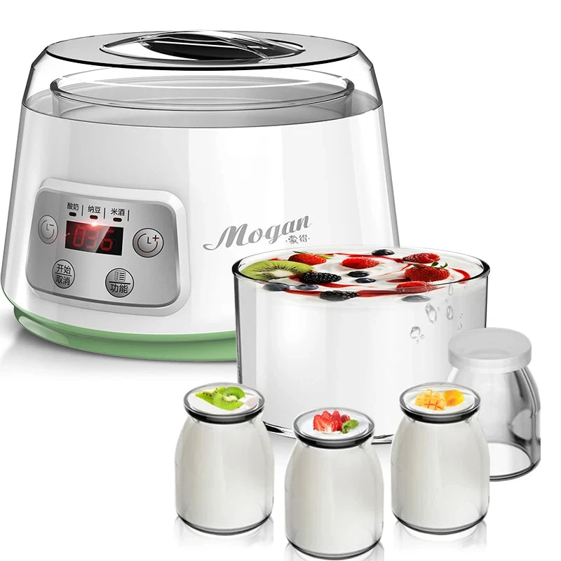 Borosilicate Glass Low-High Non-Adjustable Temperature PTC Heating Element  Automatic Power-Off Yogurt Maker Machines/ 3-1 Functions: Yogurt-Natto-Rice Wine/Colors-Clear/White/Power: 20 Watts-220 Voltage