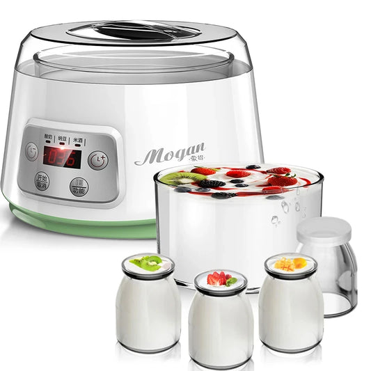 Borosilicate Glass Low-High Non-Adjustable Temperature PTC Heating Element  Automatic Power-Off Yogurt Maker Machines/ 3-1 Functions: Yogurt-Natto-Rice Wine/Colors-Clear/White/Power: 20 Watts-220 Voltage