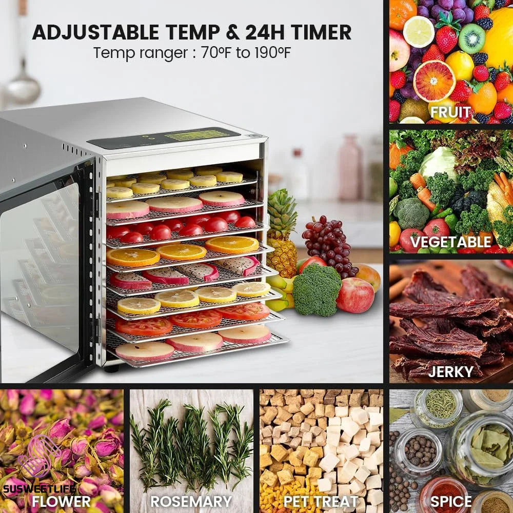 SUSWEETLIFE Kitchen Stain Steel 8 Layers Fruit Dehydrator Machines/120V 60Hz/ 500 Watts/Glass Door/Stain Steel Trays/Colors-Silver/White