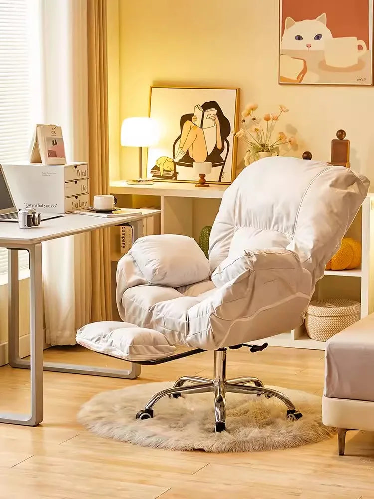 No-EN-Name-Null Mahjong Beige Upholstered Soft Plush Comfortable Fabric Adjustable Rotating Armed Five-Point Metal Four Roller Wheels Base Computer Office Chairs/Pull-Out Footrest/ Colors-Gray/Pink/White/Blue/Beige