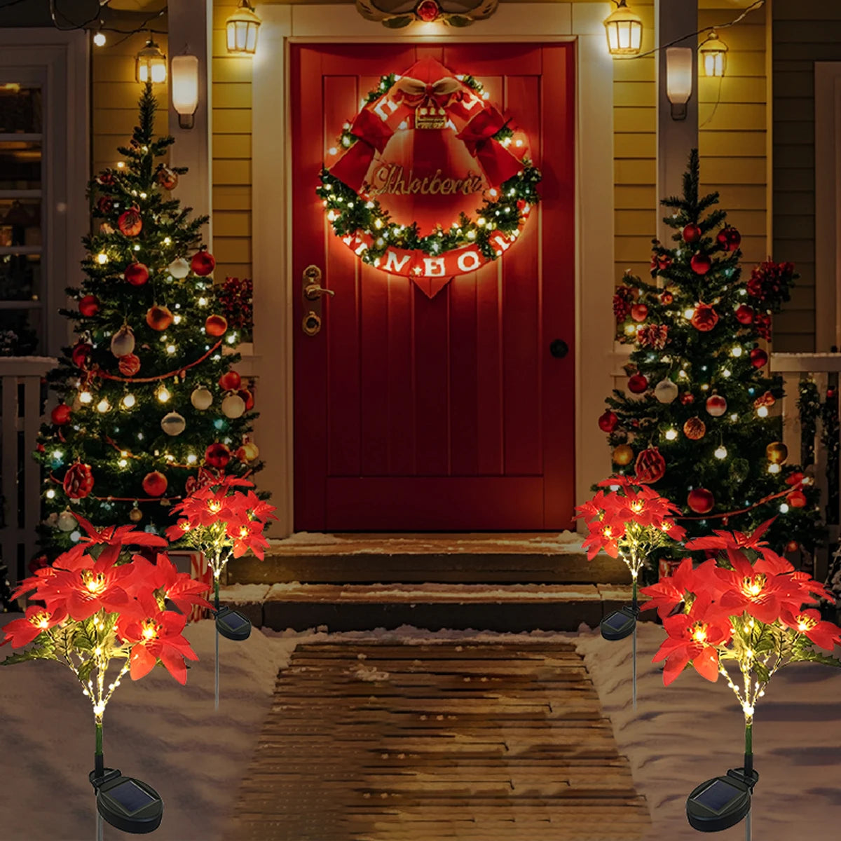 No-EN-Name-Null Outdoor Solar-Powered Warm White LED Red Christmas Poinsettia Flower Bouquet Holiday Stick Lights