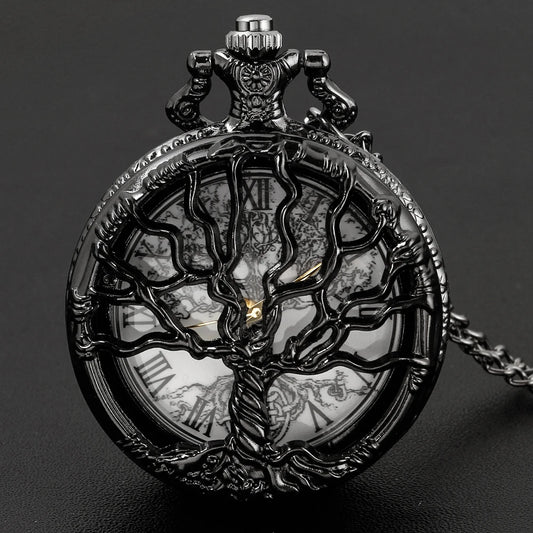 SHUHANG Unisex Adults Waterproof Vintage Antique Acrylic Face Black Round Shaped Quartz Movement Stainless Steel Metal Case Analog Display All Black Roman Numeral Hallow-Out Garden Of Eden Tree Of Life Sweater Necklace Chain-Pocket Watches