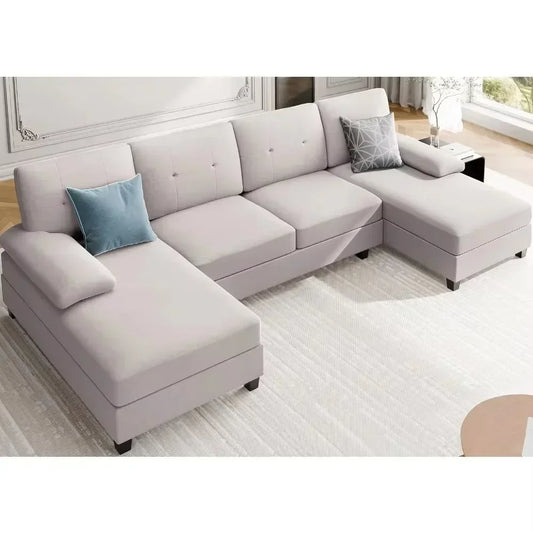 No-EN-Name-Null Modern Large U-Shaped 4-Seater Double Wide Chaise Lounges Wood Frame Medium Firmness Breathable Soft Fabric Cushions Sectional Sofas/ Weight Max : 300 LBS /Colors- Dark Beige/Beige/Gray/ Dimension: 106.3" x 50.4" x 33.9".