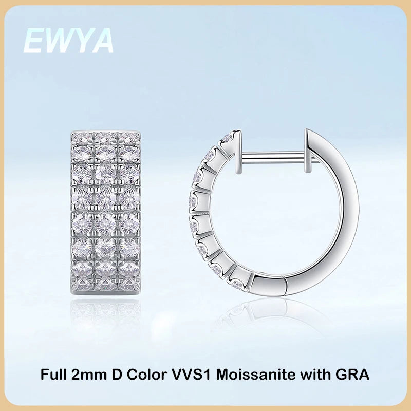 EWYA Adult Women Fine Sterling Silver Metal Wide Two-Three Rows Clear White Full Moissanite Realistic Diamond-Like Stones Round Hoop Small Ear Buckle Earrings/Colors-Silver/Clear/White/Geometric