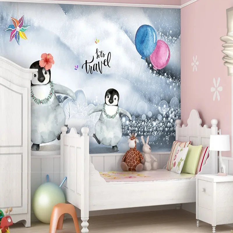 JIADOU Waterproof Canvas Printed 3D Cute Cartoon Blue-Pink Balloons-Two Black-White Penguins-Playing In The Snow-Let`s Travel Self-Adhesive Plastic Decorative Wallpaper/Colors-Blue/Multicolor/Animal/Requires Paste