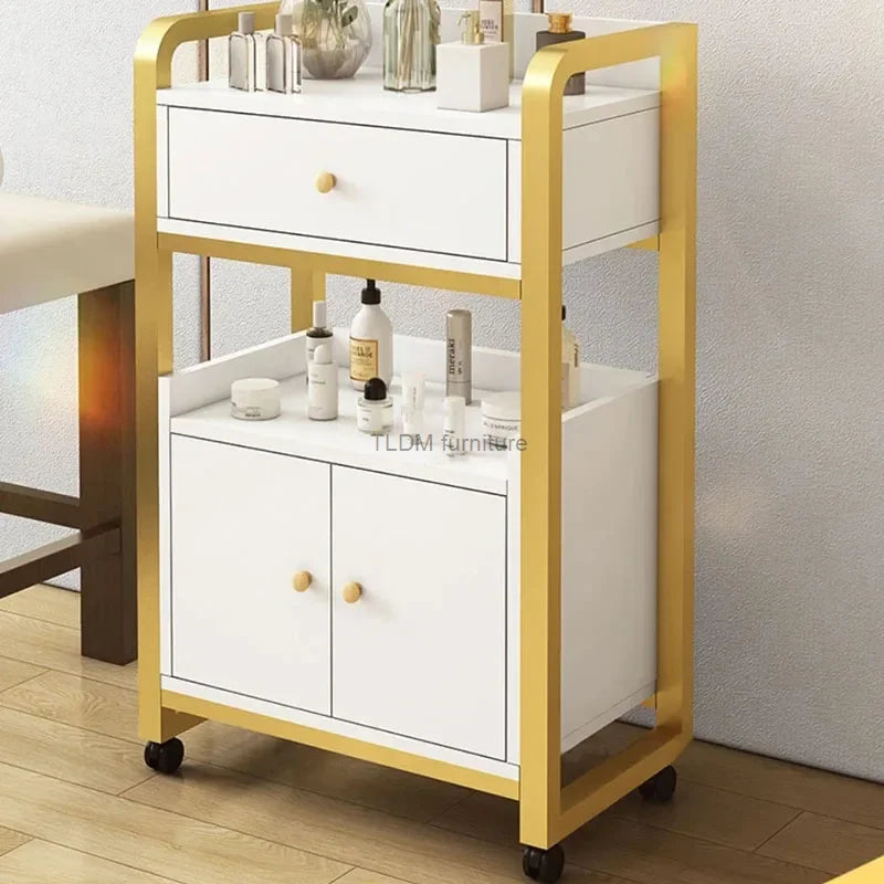 DUTRIEUX Modern White One-Storage Cabinet-Lockers Gold Iron Metal Frame Two Sliding Doors Four Black Plastic Wheel Trolley Carts/Colors-Gold/Brown/Black/White