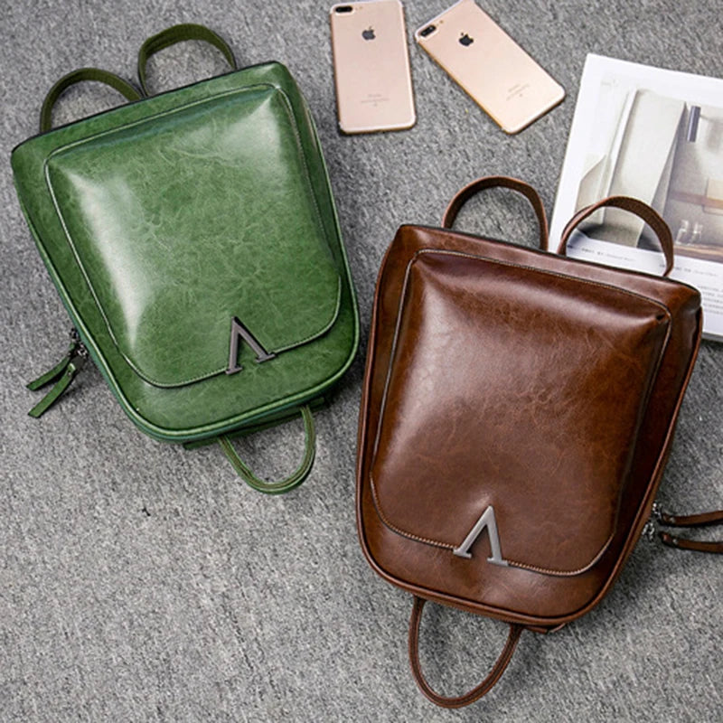 HAOSHUAI Women Lightweight Softback Oil Wax Brown Cowhide Leather Cross Body Adjustable Shoulder Strap-Handle Double Zippers Polyester Lining Built-In Compartment External Pockets Backpacks/Colors-Green/Black/Brown/Protective Sleeve