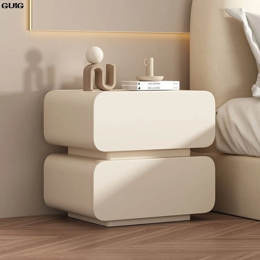 GUIG Modern Soft Microfiber Leather Abrasion-Scratch Resistant Curved Square Shaped Cream White Solid Wood Hidden Handles Two Drawers Nightstands/Colors-White/Dark Gray/Light Gray
