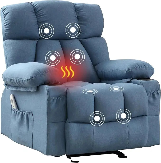 XMSJ JONPONY Blue Soft-Thick Overstuffed Upholstered Padded Polyester-Faux Leather Fabric Ergonomic Heated-Massaging Rocking Metal Frame  Recliners Chairs/Side Pocket/Double Cup Holders