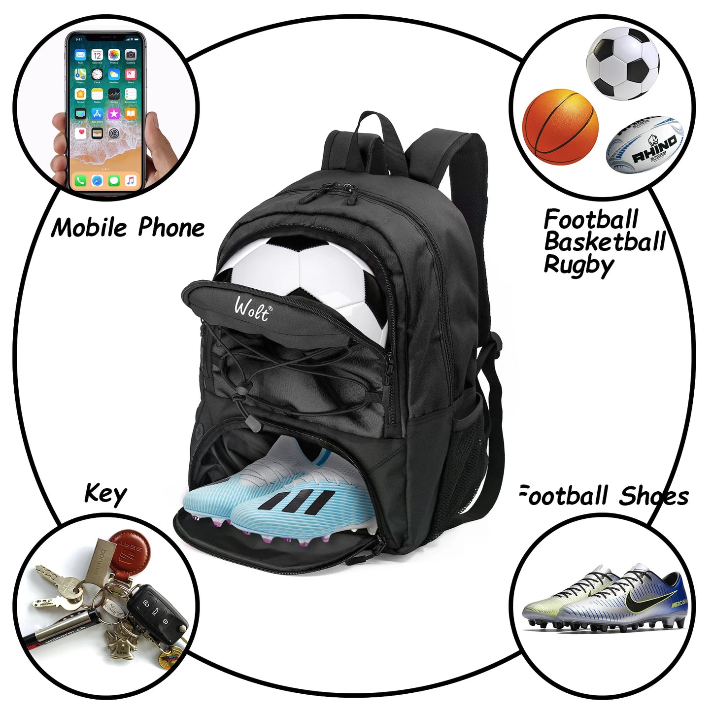 WOLT Young Adults Large Softback Black Polyester Fabric Shoulder Straps-Handle Built-In 16 Inch Padded Laptop Compartment Zipper Front External Pockets Sports Soccer School Backpacks/Colors-Black/Gray/Red/Pink/Blue