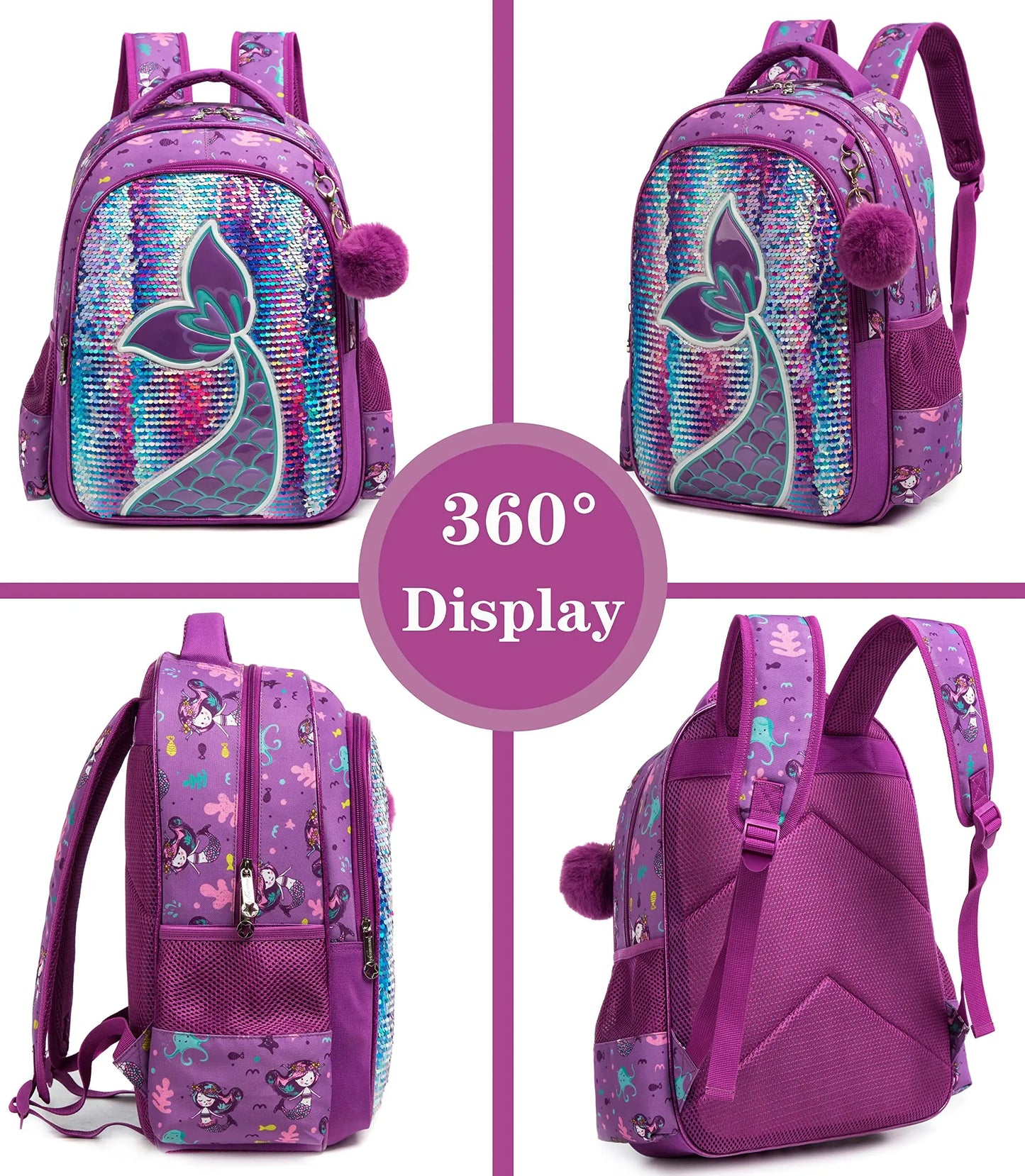 MEETBELIFY Kids Softback Lightweight Waterproof Pink-Purple Nylon Fabric Lightweight Glitter Sequin Zippers Shoulder Straps-Handle Polyester Lining Laptop Compartment Internal-External Pockets School Backpacks/Lunch Box/Pencil Case/Water Bottle Holder