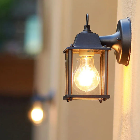JUHAW Outdoor Waterproof European Black-Beige Square Shaped Aluminum Metal Body Tempered Transparent Clear Frosted Glass AC-Powered Courtyard Wall Light Fixtures /E27 Bulbs Included
