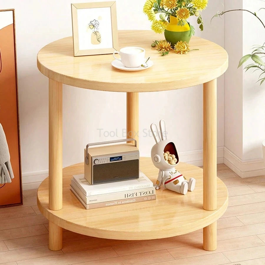 No-EN-Name-Null Modern 2-Tier Natural Log Wood White Round Shaped Nightstands/Colors-Natural Log Color-White