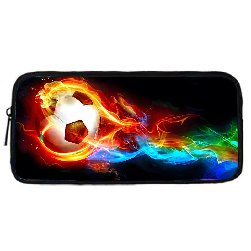 MINISO Kids 3 PCS Large Waterproof Nylon Fabric Zippers Exterior Pockets Printed-Burning Flames Soccer Ball Design Curved Back Shoulder Straps-Handle Sports IPAD Compartment School Backpacks/Color-Black/White/Blue/Multicolor