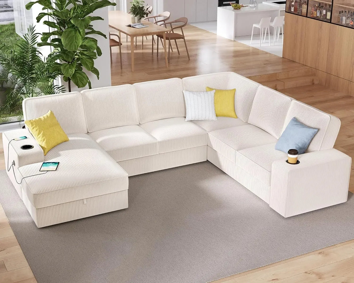 No-EN-Name-Null Modern Oversized U-Shaped 7 Seaters Soft Gray Corduroy Thick Fabric Cushions Chaise Lounge Hidden Storage Two Cup Holders Quick Charge USB Ports Sectional Sofas/Colors-Beige/Gray/Size: 112in x 88in x 33in/Weight Capacity : 2,100 lbs.