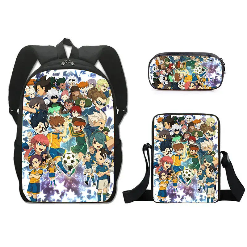 FANTASY VALLEY Women 3 PCS Softback Anime Inazuma Eleven Zippers Waterproof Multicolor Oxford Nylon School Backpacks Sets/ Colors-Black/Blue/Multicolor