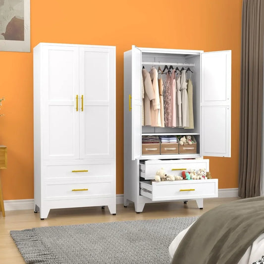 No-EN-Name-Null Modern Rectangle Large White-Black-Gray Two Door Storage Closet Adjustable Shelves One Hanging Steel Metal Rail Rod Two Sliding Drawers Armoire Wardrobes/ Size: 17.72"D x 31.5"W x 70.87"H