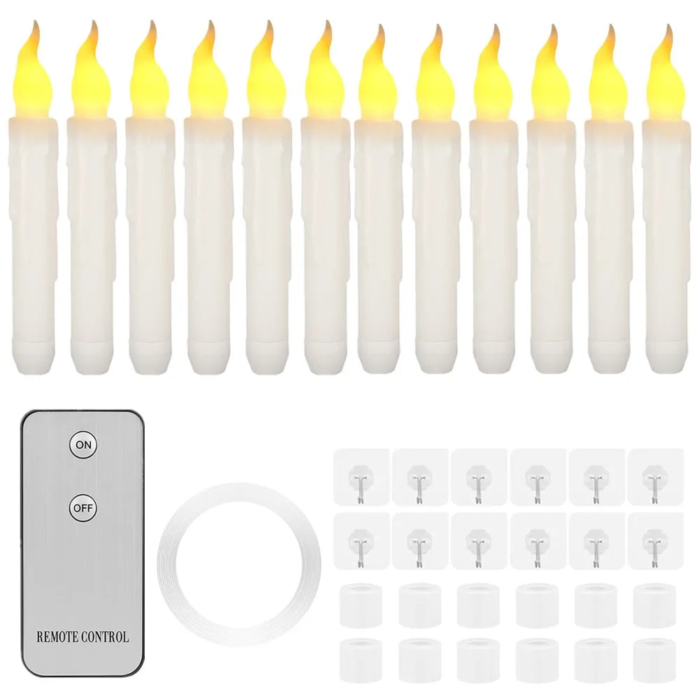 6-24 PCS Set LED White Realistic Round Cylindrical Plastic Flameless Flickering Tall Tapered Handheld Electric Window Candles/Battery: 2-AAA ( Not Included )/ Automatic Timer/1-4 PCS Remote Control