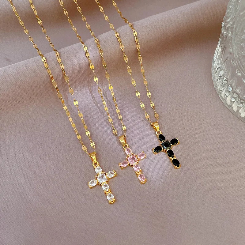 No-EN-Name-Null Women Fine Imitation Stainless Steel Gold-Plated Metal Cubic Zirconia All-Crystal Clear White Shiny Diamond Accents Stones Cross Pendant Necklaces/Colors-Brown/Clear/Green/Gold/Pink