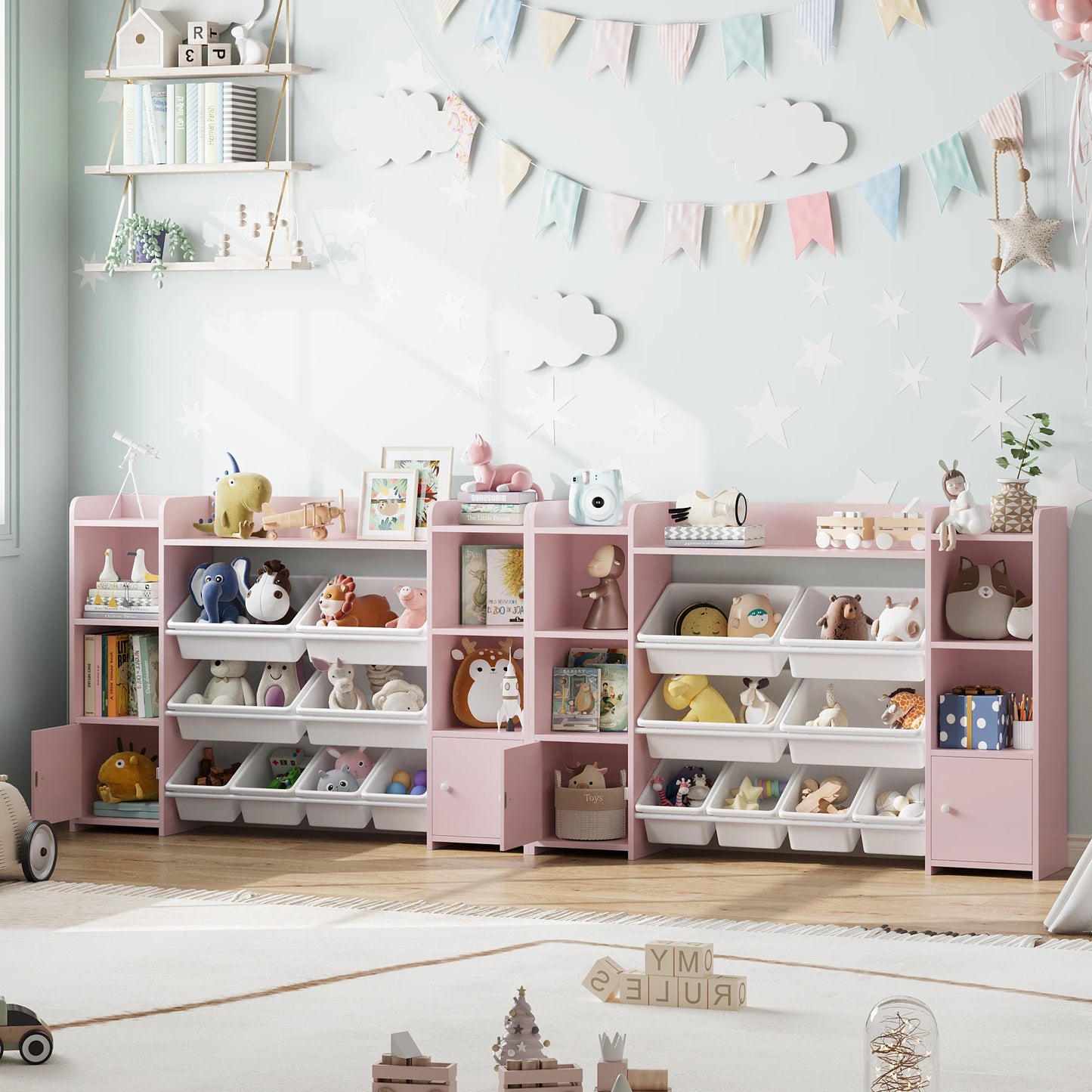 NULL Babies-Kids White-Pink Wood Two Doors-Bookcases-Removable Plastic Bins-Nine Shelves Toy Chest Storage Cabinets /Sizes: 138x29x94 cm/Assembly Required/Storage Options