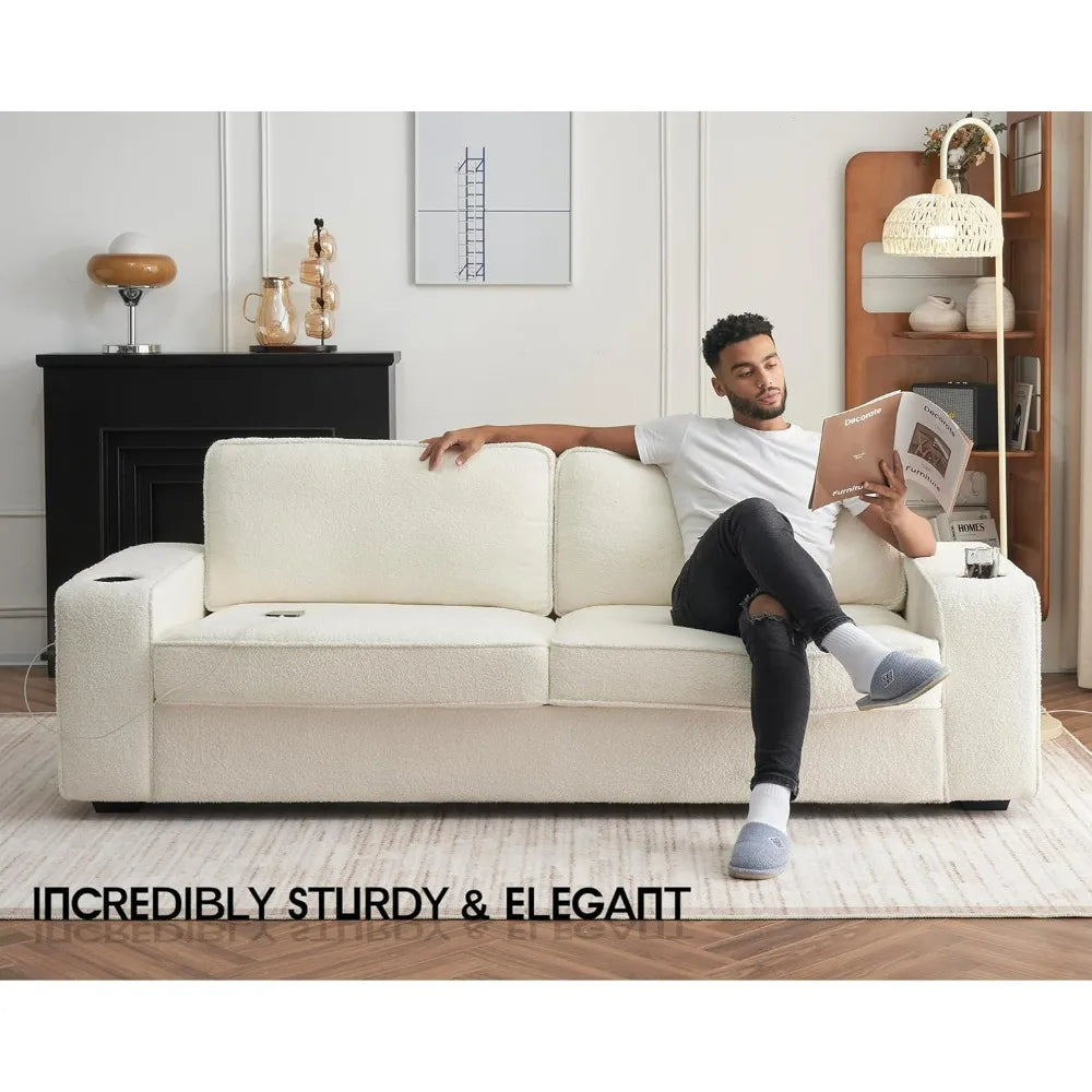 NULL Modern Large Upholstered Off White Soft Plush Breathable Boucle Fabric Deep Three-Seater Reinforced Wood Base Built-In Cupholders Sectional Sofas/Quick-Charging USB Ports/89 Inch Wide Armrest Storage/850 LBS  Weight Capacity