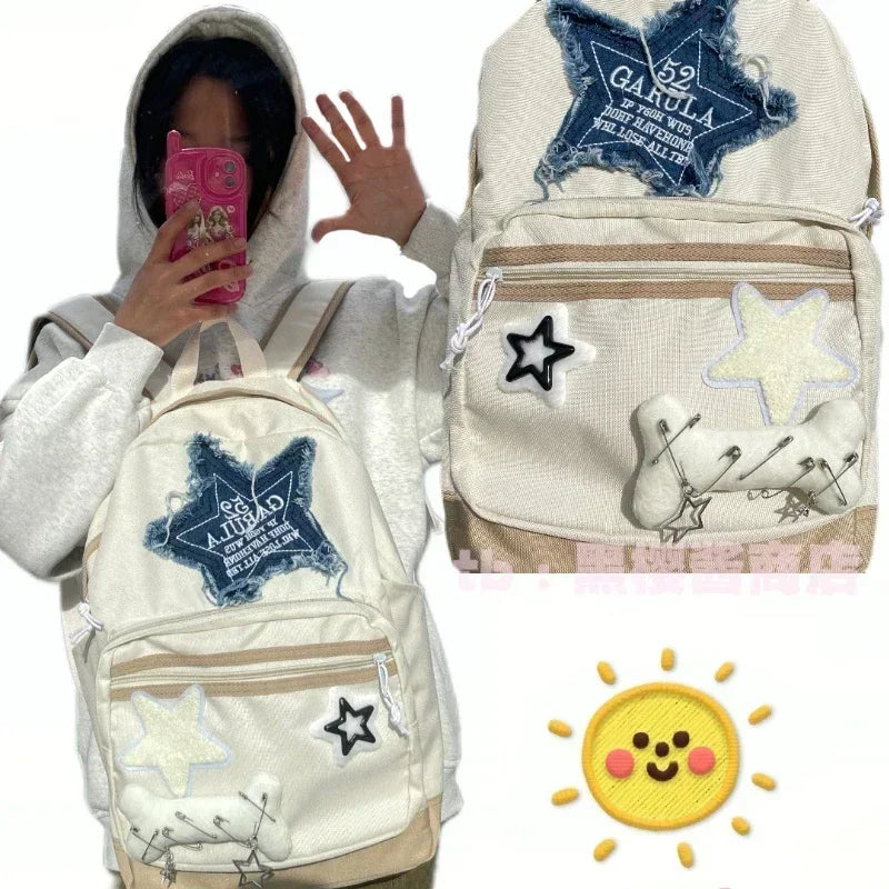 Women Waterproof Lightweight White Nylon Fabric Blue Star Korean Kawaii Design Metal Zipper Multi-Pockets Polyester Lining Two Shoulder Straps-Handles School Backpacks/14 Inch Built-In Laptop Pocket/Colors-Geometric/Beige/Pink/Green/White