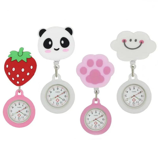 AIYOHI Quartz Analog-Digital Display Round Glass Face Silicone Covered Metal Alloy Case Cute Cartoon Animals-Fruit-Flowers-Cat Paw-Smiling Cloud Design Nurses-Doctors Retractable FOB Pocket Watches
