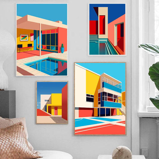 Modern Rectangle Canvas Frameless Mirrored Colorful Waterproof Ink Game Balcony-Poolside Rooftop Giclee Abstract Wall Prints/Colors-Multicolor/Blue/Red/White