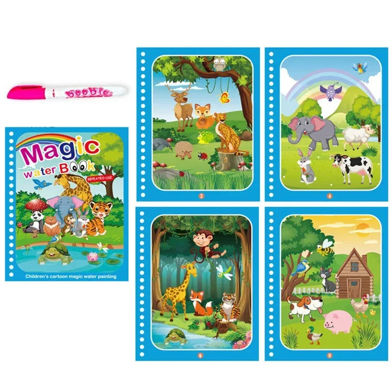 No-EN-Name-Null Kids Plastic Ringed Multicolor Early Education Magical Water Book Pen Paper Drawing Reusable Coloring Books-Pads/Ages: 3-8 Years Old/Colors-Blue/Green/Multicolor/Animals